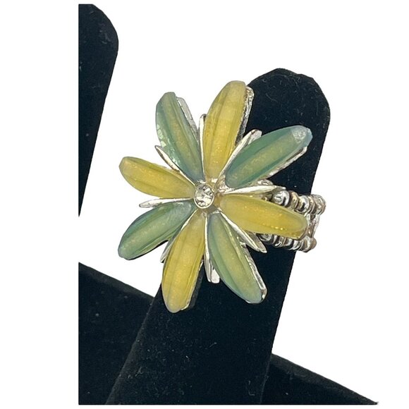 Adjustable Yellow & Green Flower Ring With Rhinestone Center - Picture 3 of 5